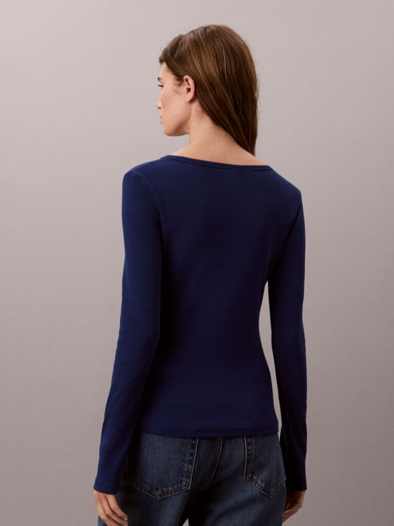 Blue Ribbed Cotton Long Sleeve Top  Women