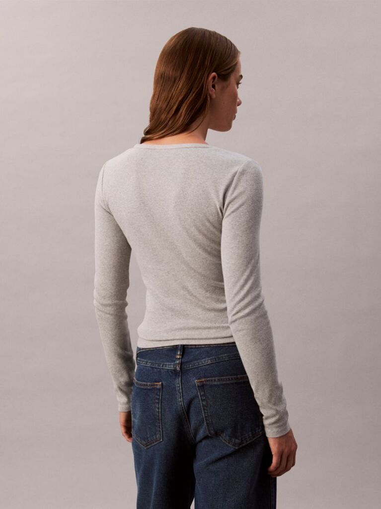Grey Ribbed Cotton Long Sleeve Top  Women