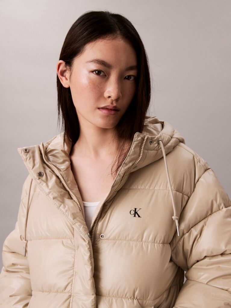 Beige High Shine Hooded Puffer Jacket  Women