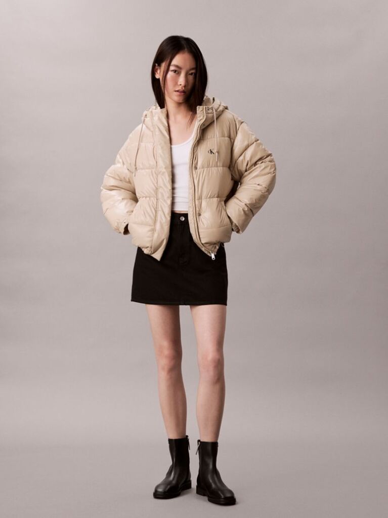Beige High Shine Hooded Puffer Jacket  Women