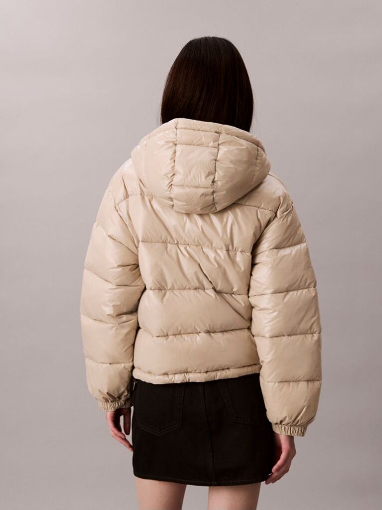 Beige High Shine Hooded Puffer Jacket  Women