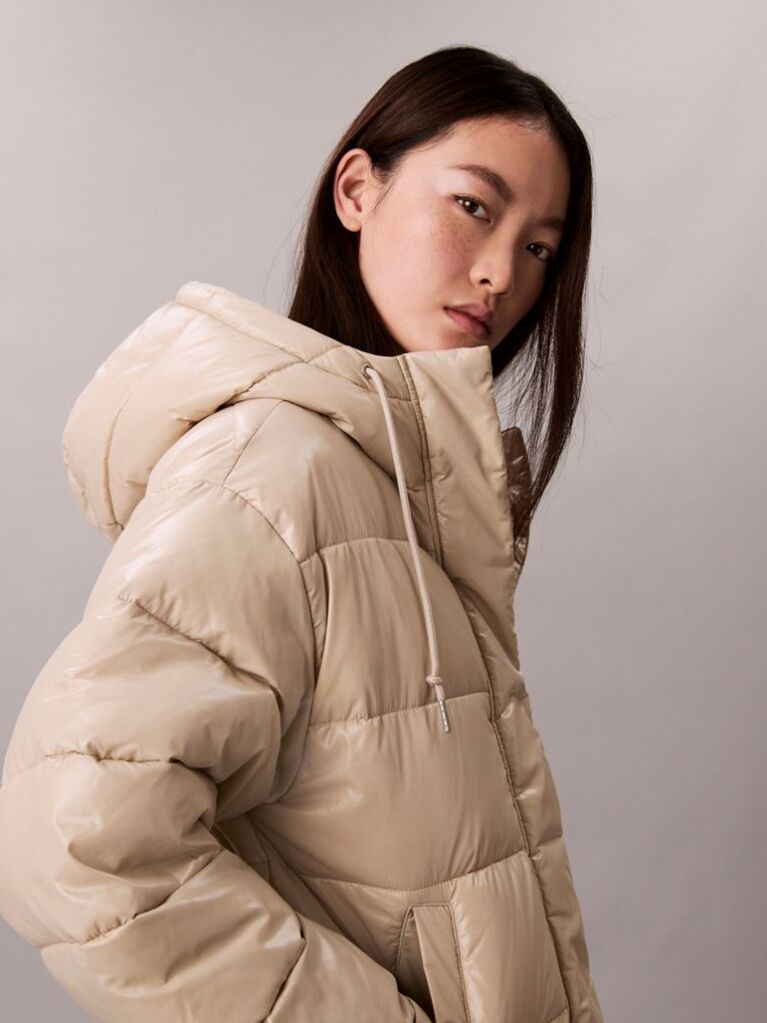 Beige High Shine Hooded Puffer Jacket  Women