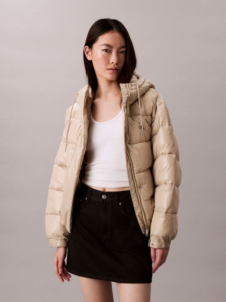 Beige High Shine Hooded Puffer Jacket  Women