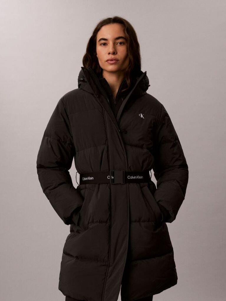Black Logo Belt Hooded Puffer Coat  Women