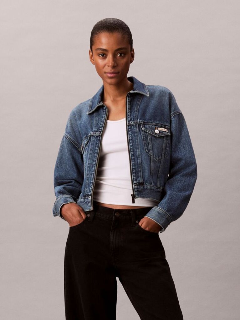 Denim Cropped Zip Up Denim Jacket  Women