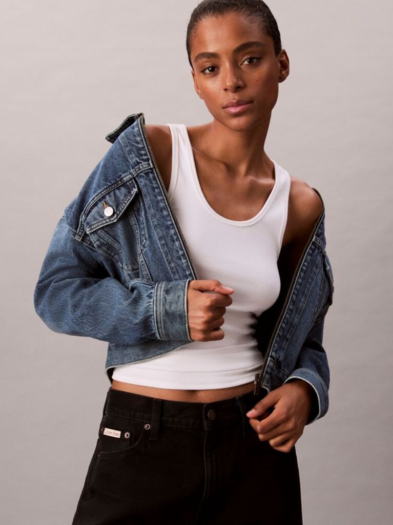 Denim Cropped Zip Up Denim Jacket  Women