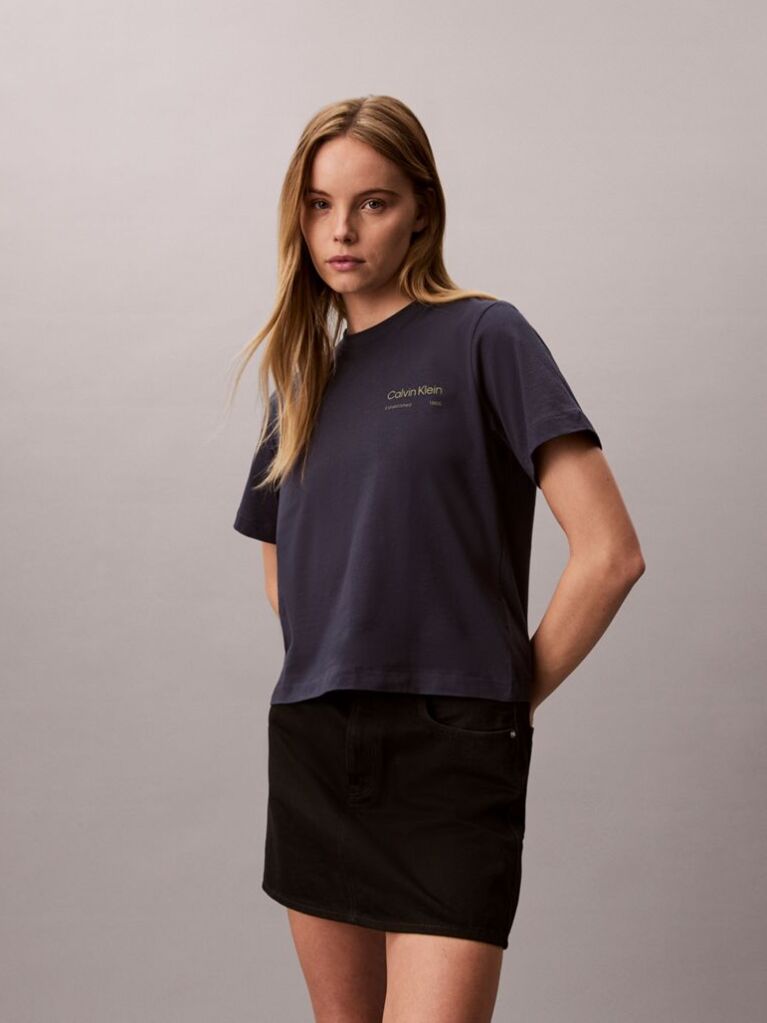 Blue  Short Sleeve Boxy Print Graphic T-Shirt  Women