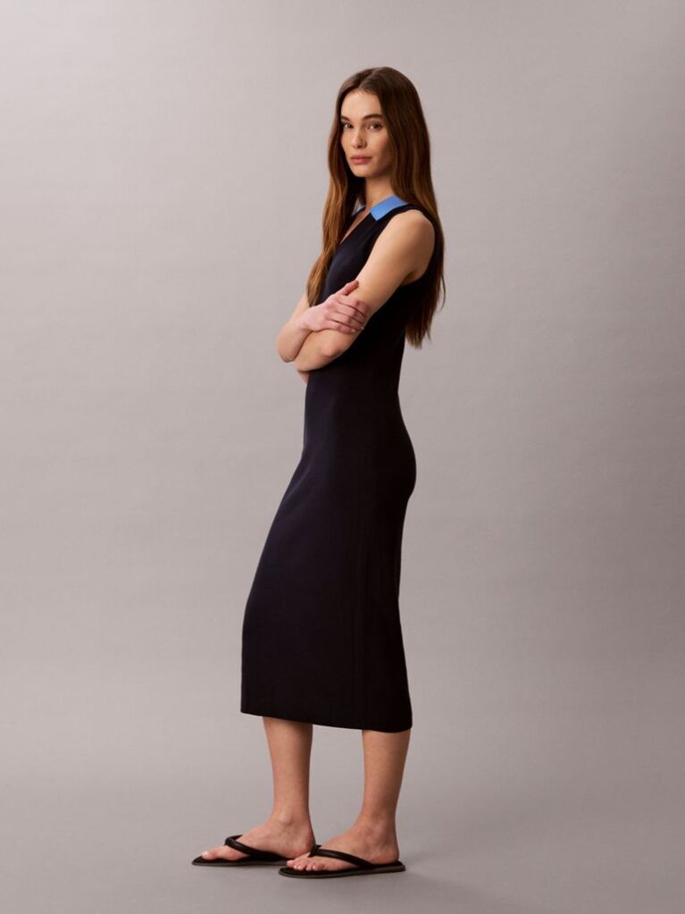 Blue Everyday style with effortless comfort. A sleeveless midi dress with a collar, designed for versatile styling. Stand out wherever you go  Women