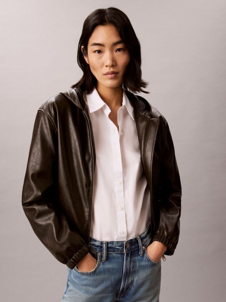 Brown Faux Leather Hooded Jacket  Women