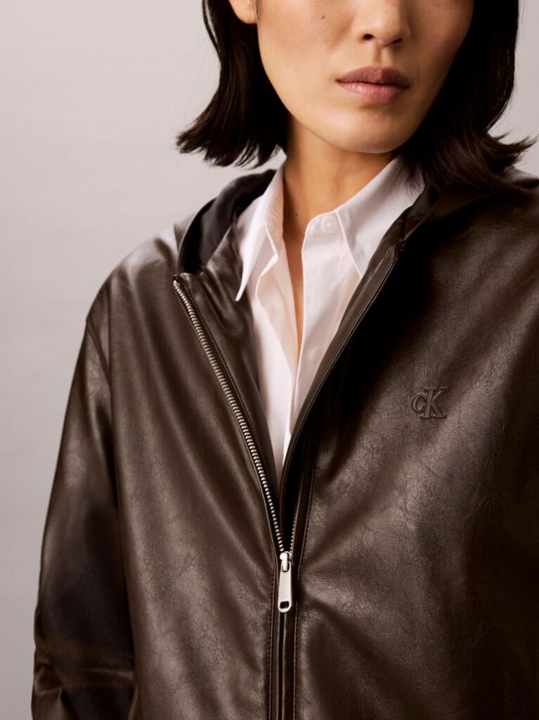 Brown Faux Leather Hooded Jacket  Women