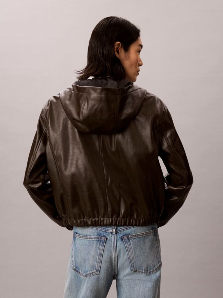 Brown Faux Leather Hooded Jacket  Women