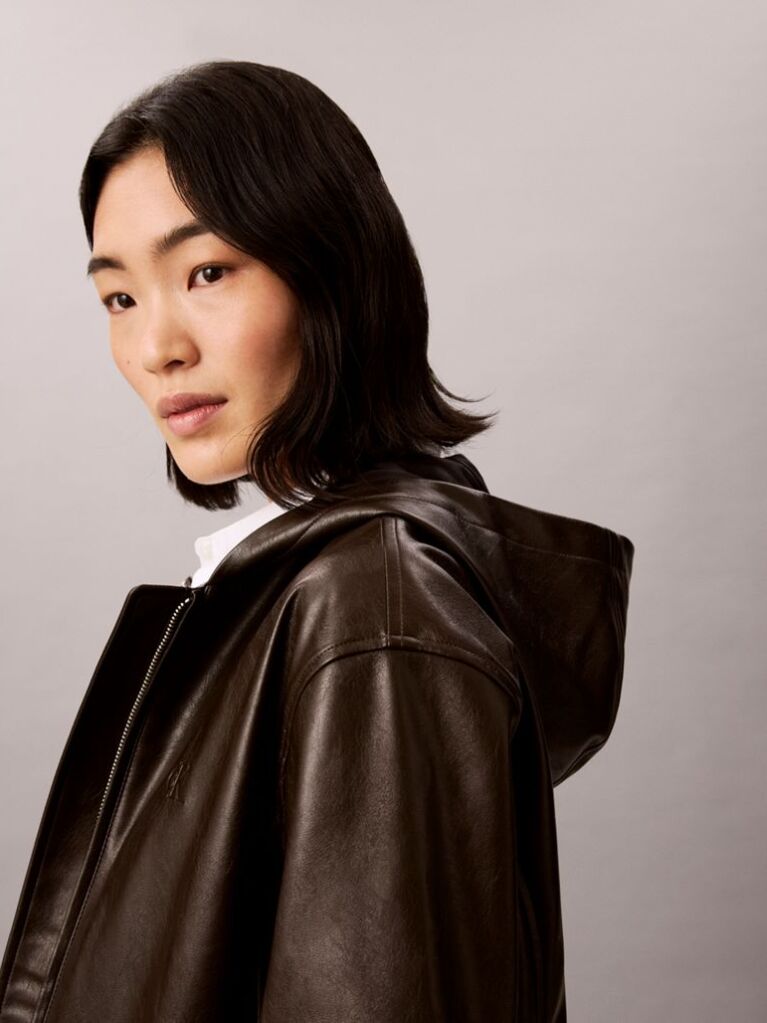 Brown Faux Leather Hooded Jacket  Women