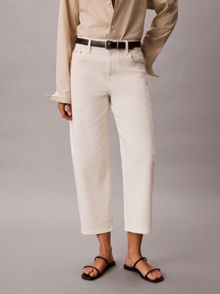 White Cropped Cotton Twill Barrel Trousers  Women