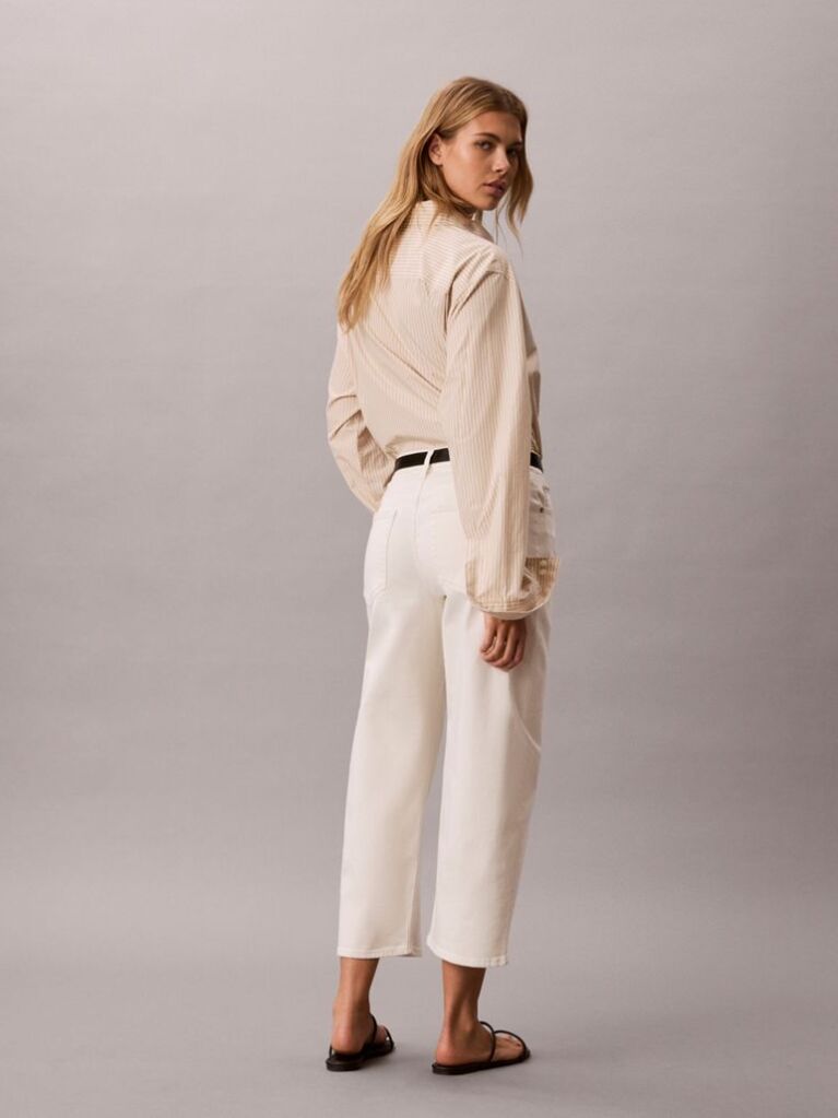 White Cropped Cotton Twill Barrel Trousers  Women
