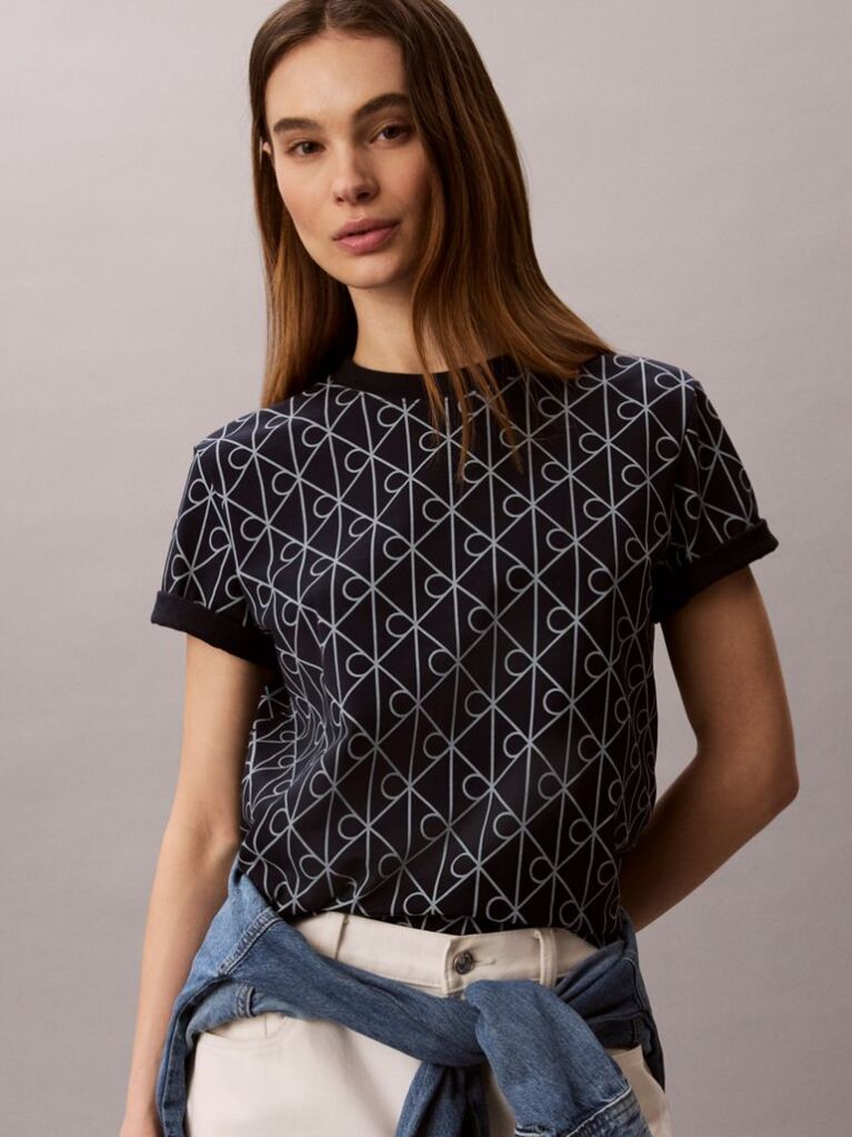 Blue Emblem Print Crew Neck T-Shirt  Women