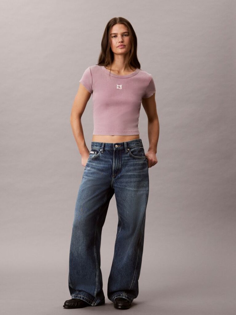 Ροζ Στενό Ριμπ T-shirt Από Βαμβάκι Με Επεξεργασία Washed  Γυναίκα