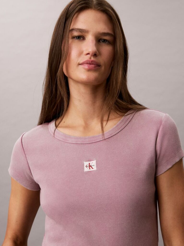 Ροζ Στενό Ριμπ T-shirt Από Βαμβάκι Με Επεξεργασία Washed  Γυναίκα