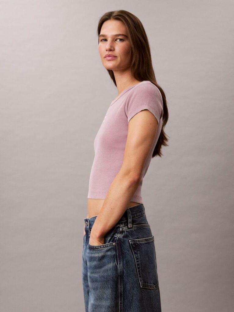 Ροζ Στενό Ριμπ T-shirt Από Βαμβάκι Με Επεξεργασία Washed  Γυναίκα
