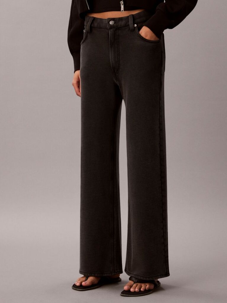 Black Cotton Terry Wide Leg Trousers  Women