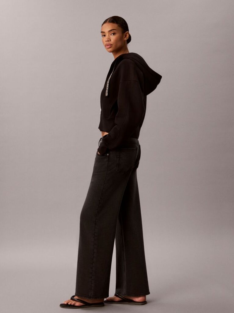 Black Cotton Terry Wide Leg Trousers  Women