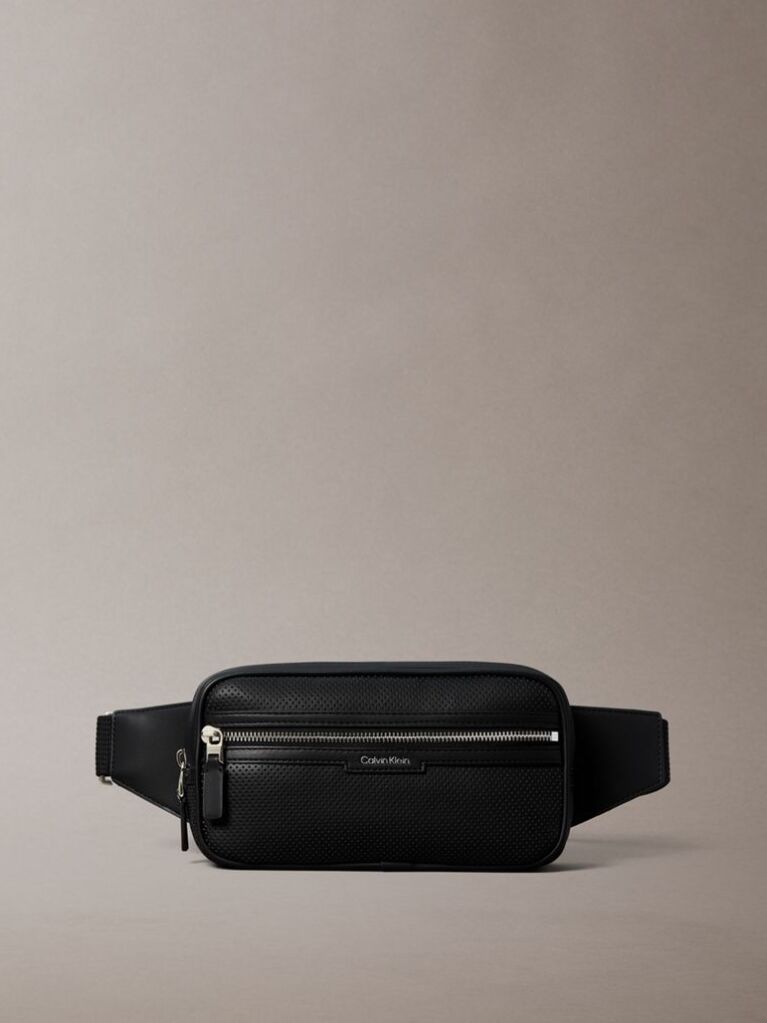 Black Perforated Faux Leather Bum Bag  Men