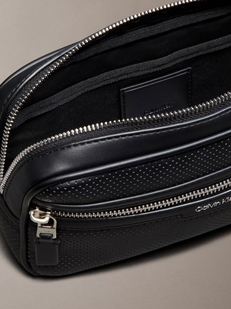 Black Perforated Faux Leather Bum Bag  Men