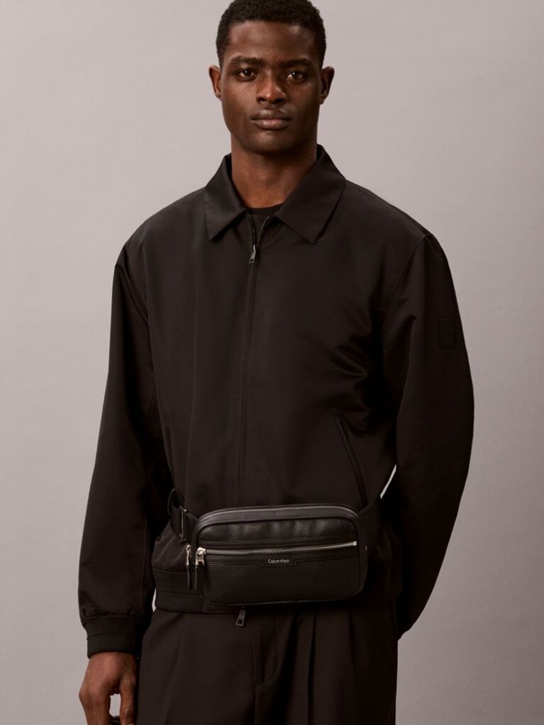Black Perforated Faux Leather Bum Bag  Men