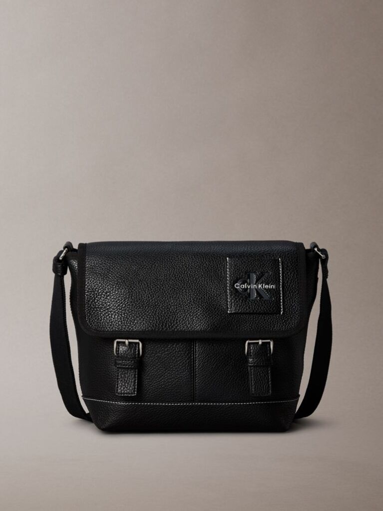Black Pebbled Signature Logo Messenger Bag  Men