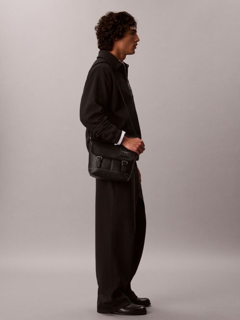 Black Pebbled Signature Logo Messenger Bag  Men