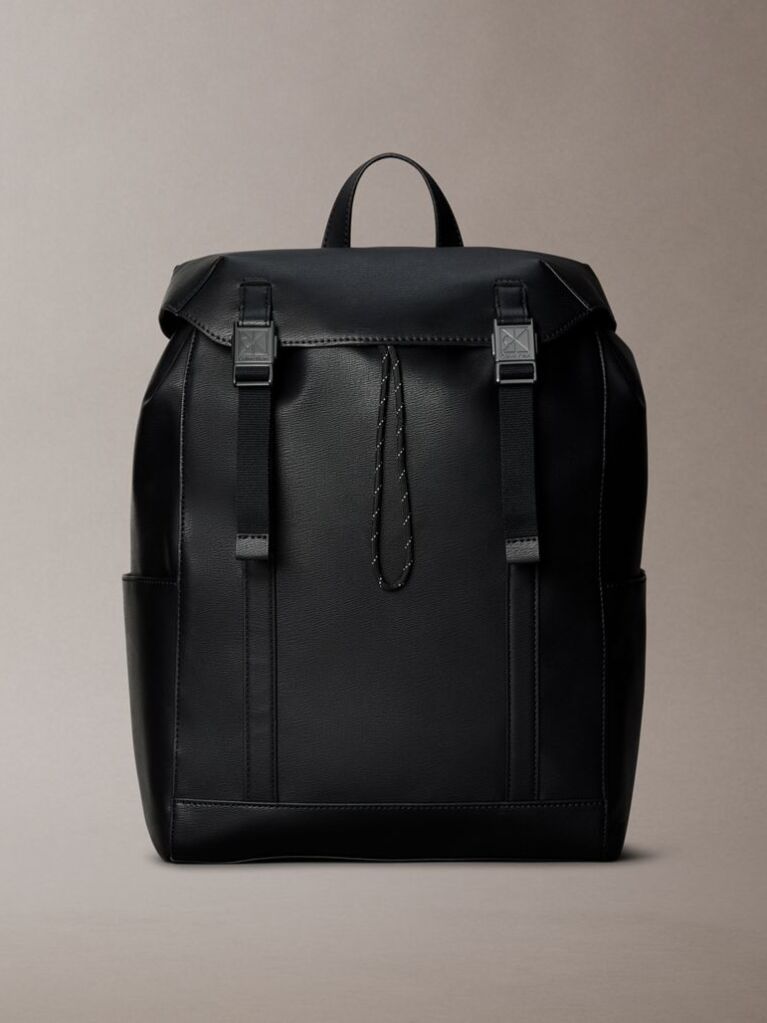 Black Emblem Logo Saffiano Flap Backpack  Men