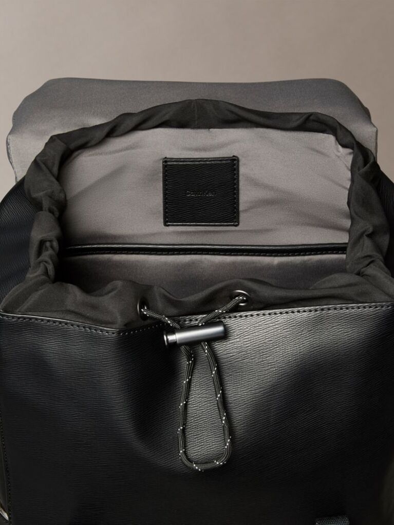 Black Emblem Logo Saffiano Flap Backpack  Men