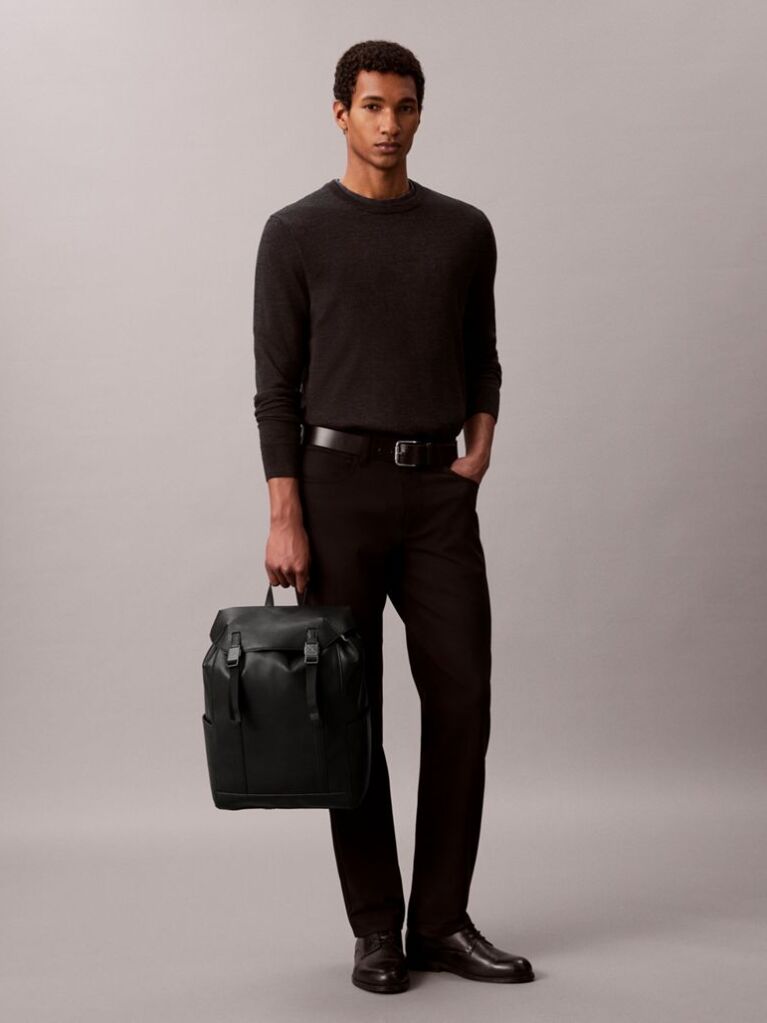 Black Emblem Logo Saffiano Flap Backpack  Men