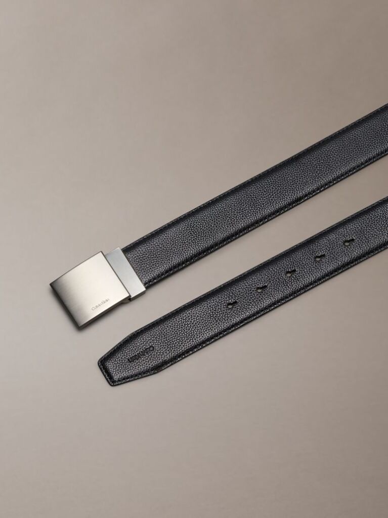 Black Plaque Buckle Pebble Grain Leather Belt  Men