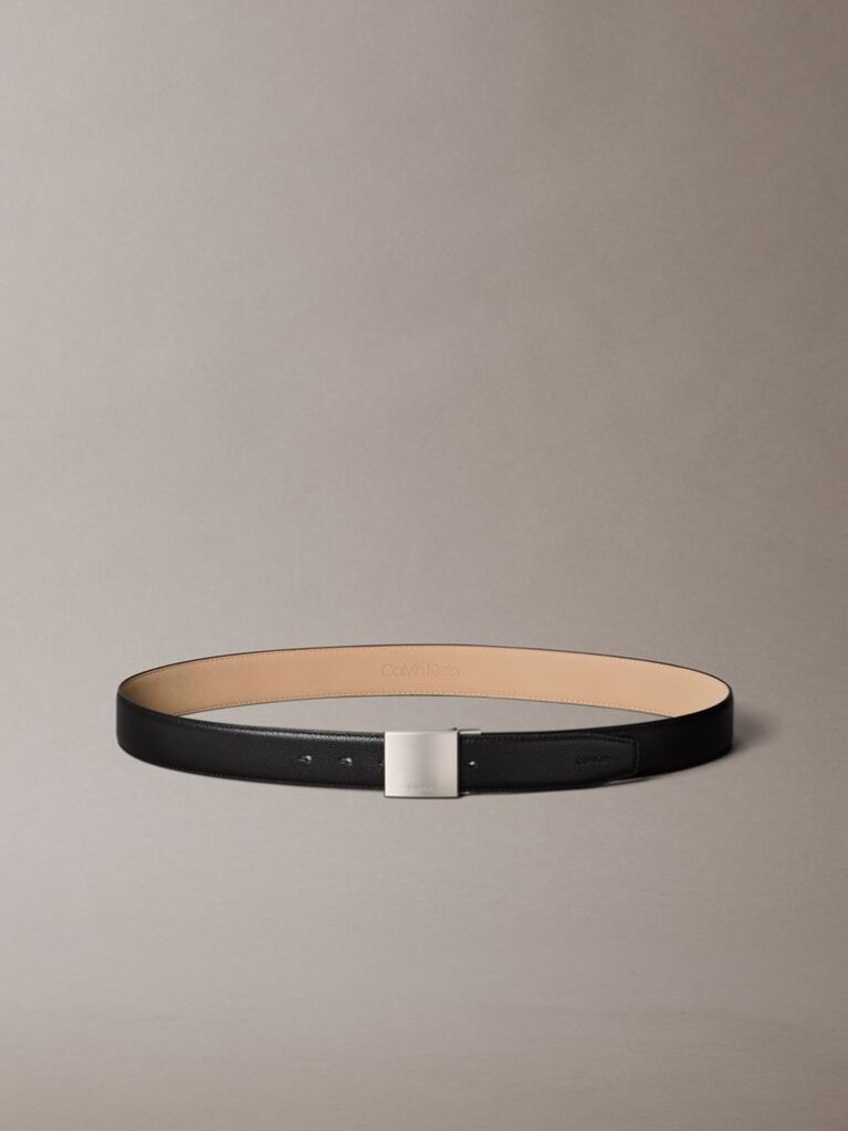 Black Plaque Buckle Pebble Grain Leather Belt  Men