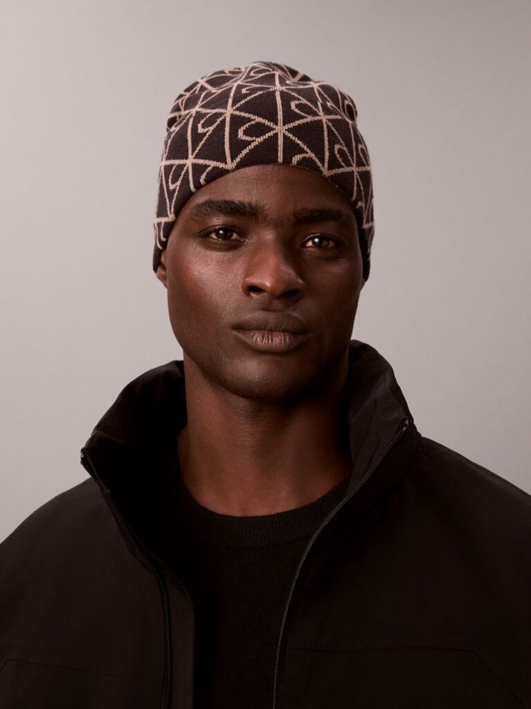 Black Emblem Logo Beanie  Men