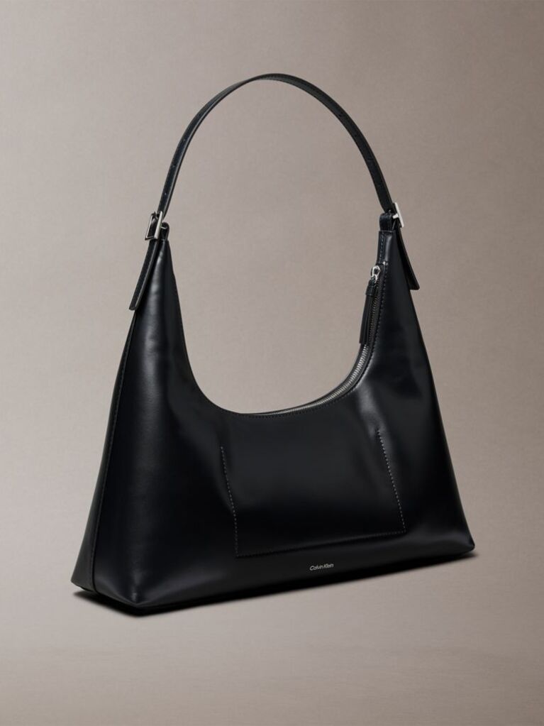Black Monogram Logo Emblem Leather Shoulder Bag  Women