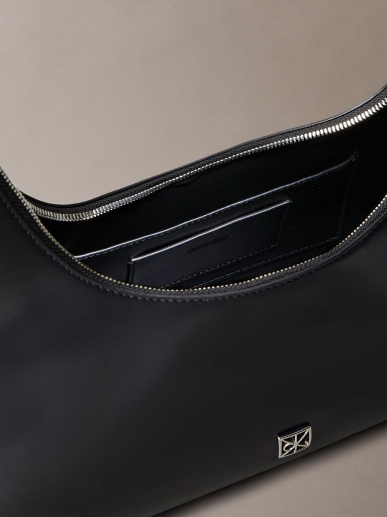 Black Monogram Logo Emblem Leather Shoulder Bag  Women