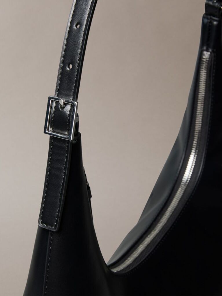 Black Monogram Logo Emblem Leather Shoulder Bag  Women