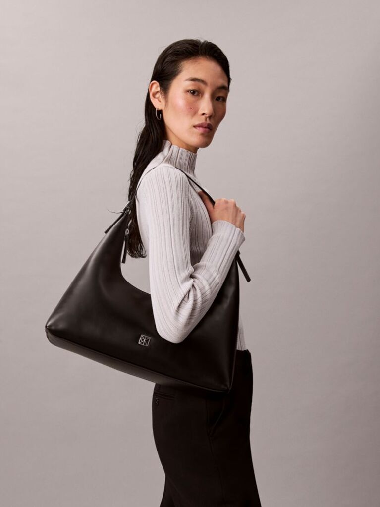 Black Monogram Logo Emblem Leather Shoulder Bag  Women
