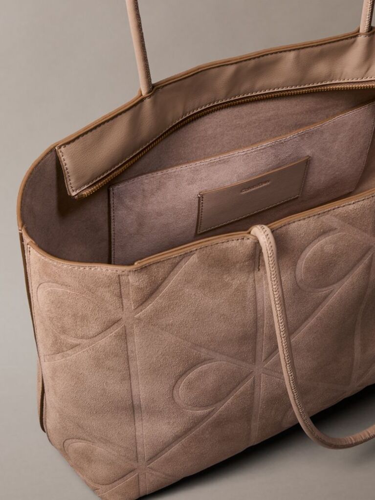 Beige Embossed Emblem Logo Sueded Tote Bag  Women