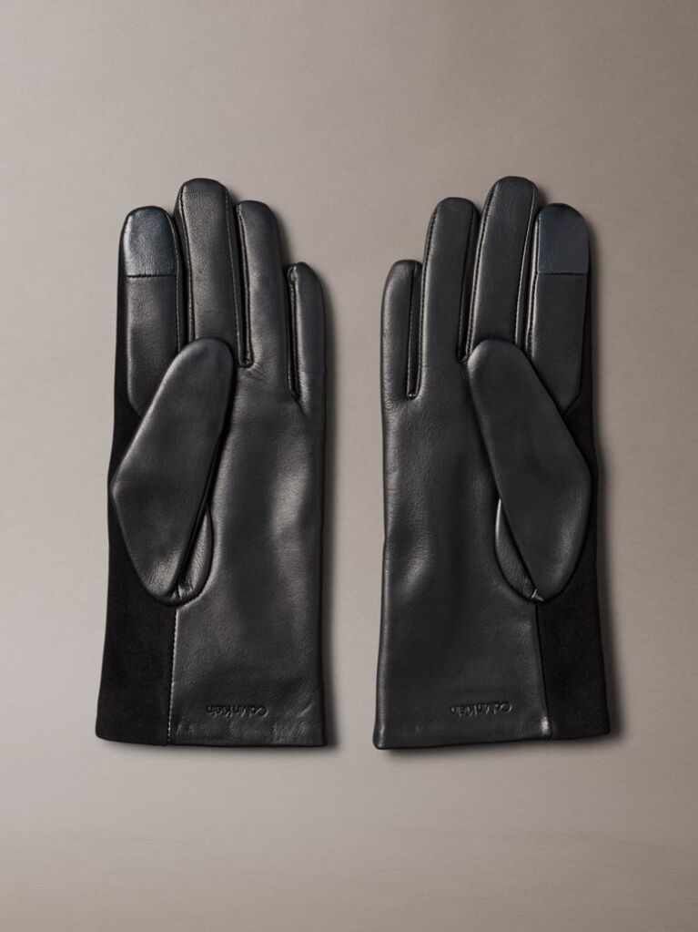 Black Suede and Leather Touchscreen Gloves  Women