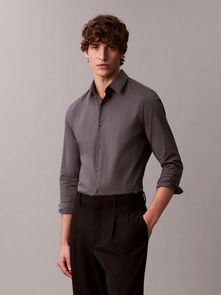 Grey Slim Stretch Button-Down Shirt  Men