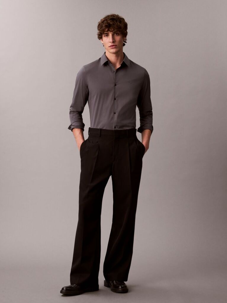 Grey Slim Stretch Button-Down Shirt  Men