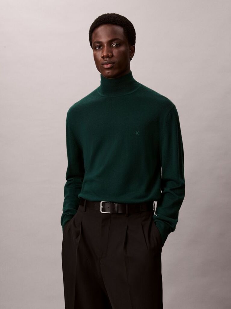 Green Merino Wool Mock Neck Jumper  Men