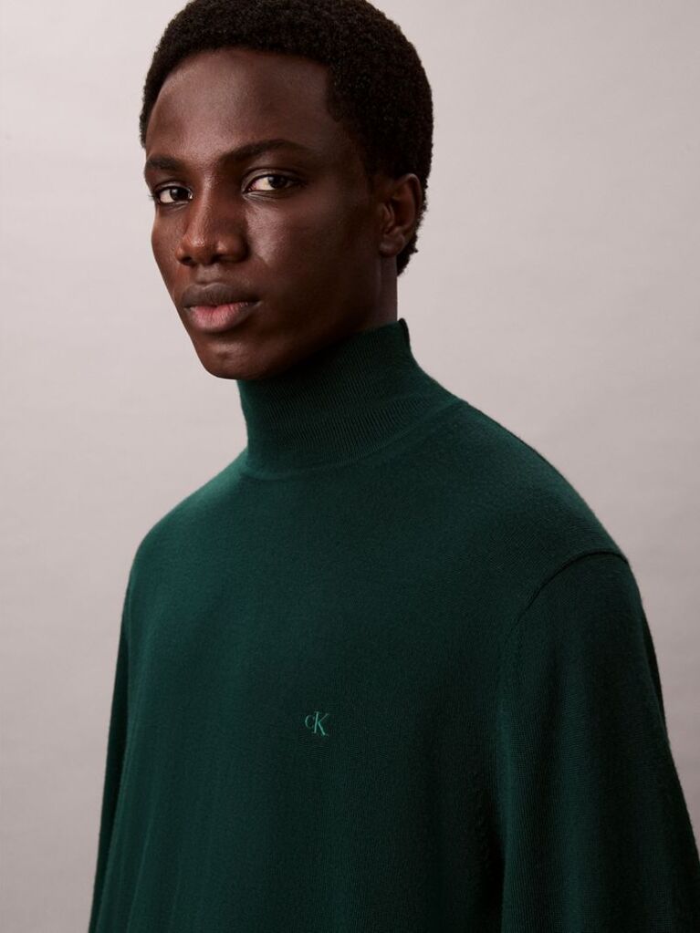 Green Merino Wool Mock Neck Jumper  Men
