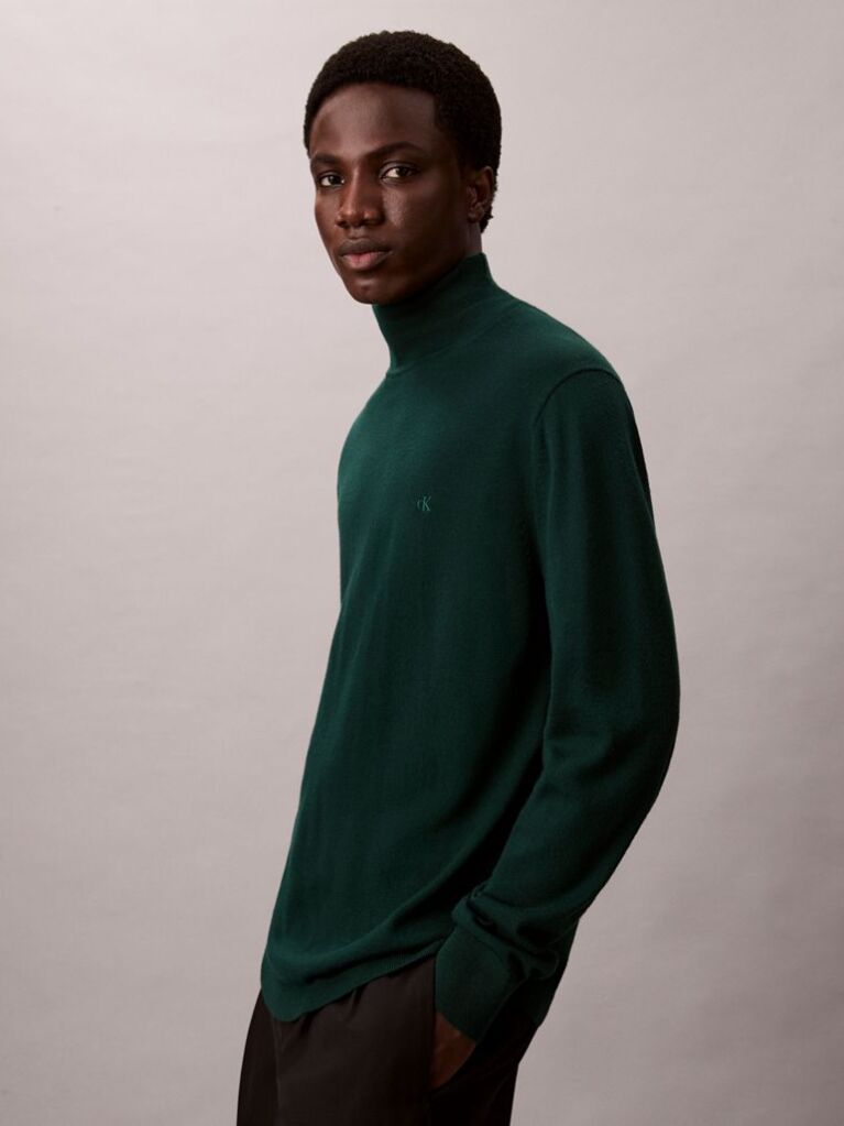 Green Merino Wool Mock Neck Jumper  Men