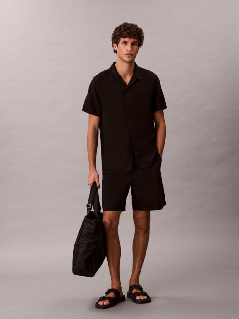 Black Linen Blend Short Sleeve Shirt  Men