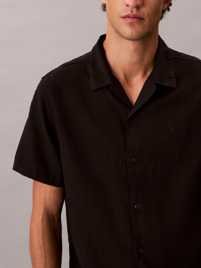 Black Linen Blend Short Sleeve Shirt  Men