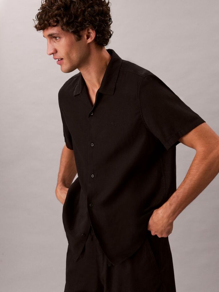 Black Linen Blend Short Sleeve Shirt  Men