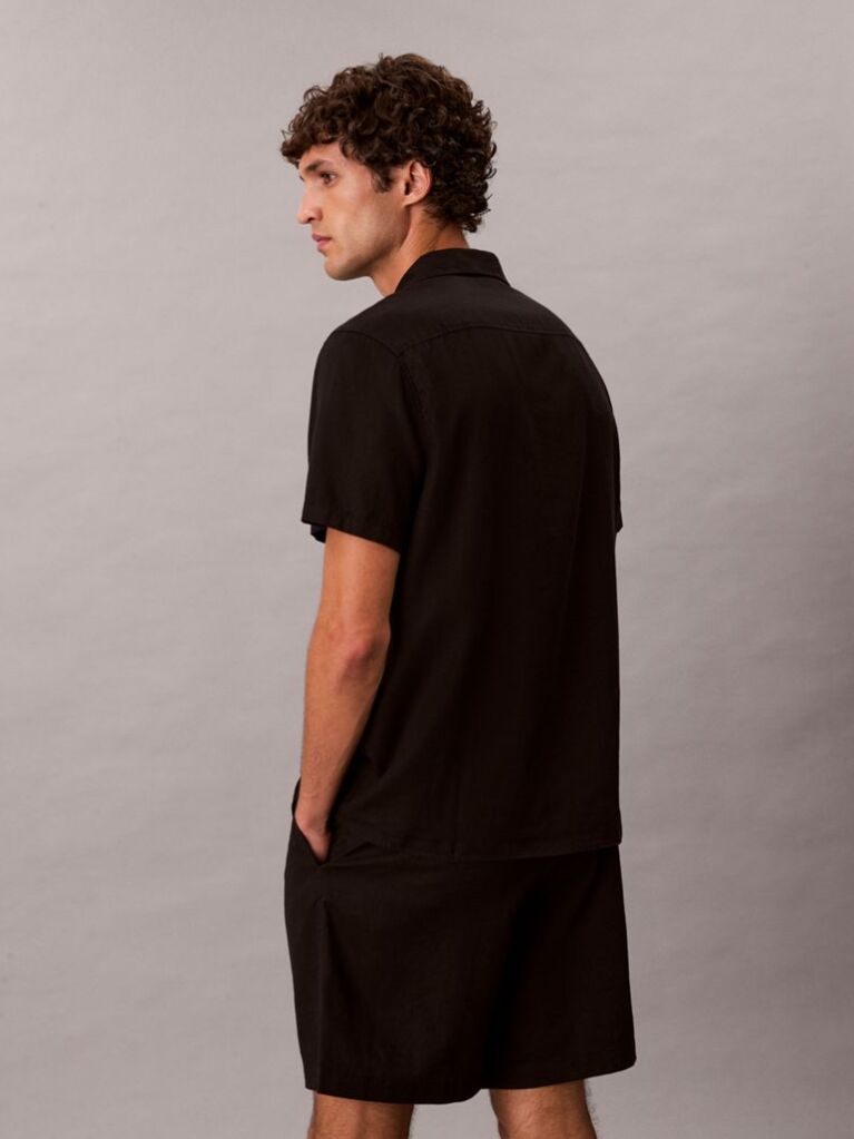 Black Linen Blend Short Sleeve Shirt  Men